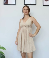 Krem Kısa Müslin Elbise