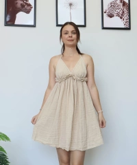 Krem Kısa Müslin Elbise