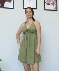 Haki Kısa Müslin Elbise