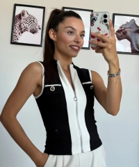 Siyah Beyaz Fermuarlı Yelek