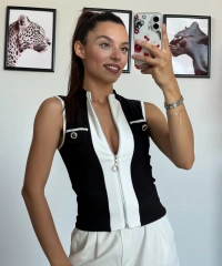 Siyah Beyaz Fermuarlı Yelek