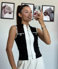 Siyah Beyaz Fermuarlı Yelek