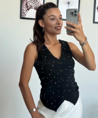 Siyah Taşlı Fitilli Kumaş Yelek