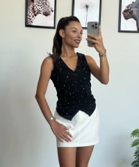 Siyah Taşlı Fitilli Kumaş Yelek