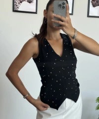 Siyah Taşlı Fitilli Kumaş Yelek