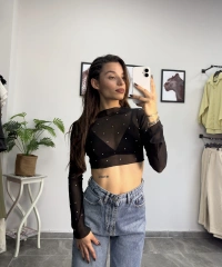 Taşlı İspanyol Kol Siyah Tül