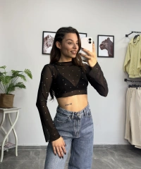 Taşlı İspanyol Kol Siyah Tül