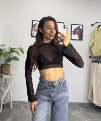 Taşlı İspanyol Kol Siyah Tül