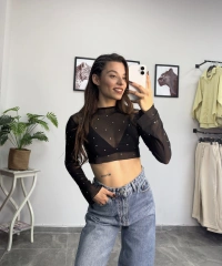 Taşlı İspanyol Kol Siyah Tül