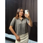 Polo Yaka Düğmeli Triko Tişört Gri