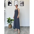 Füme Kalın Askılı Uzun Elbise
