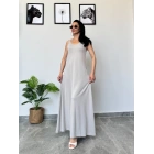 Açık Gri Kalın Askılı Uzun Elbise