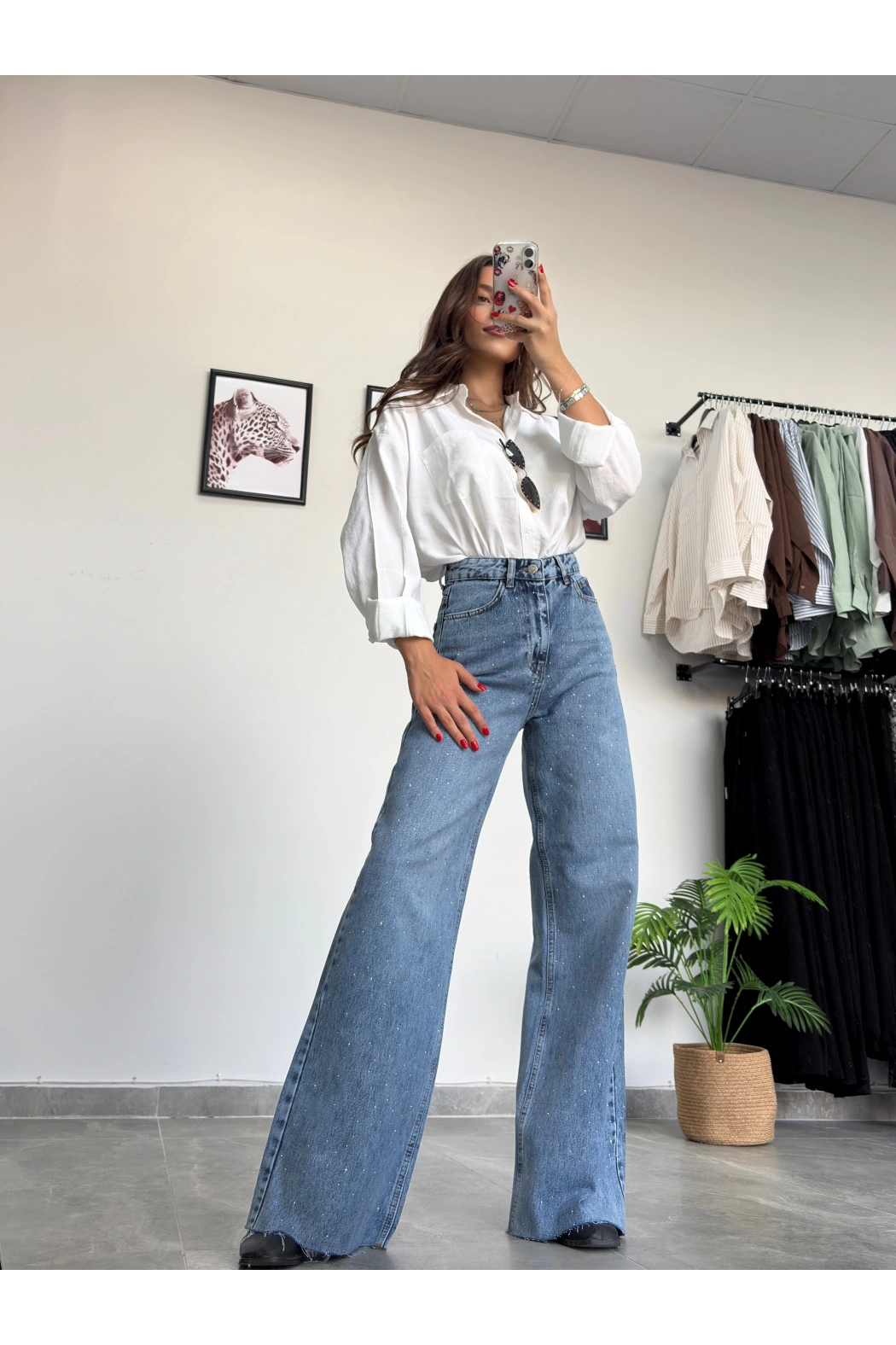 Taşlı Wide Leg Kot Pantolon