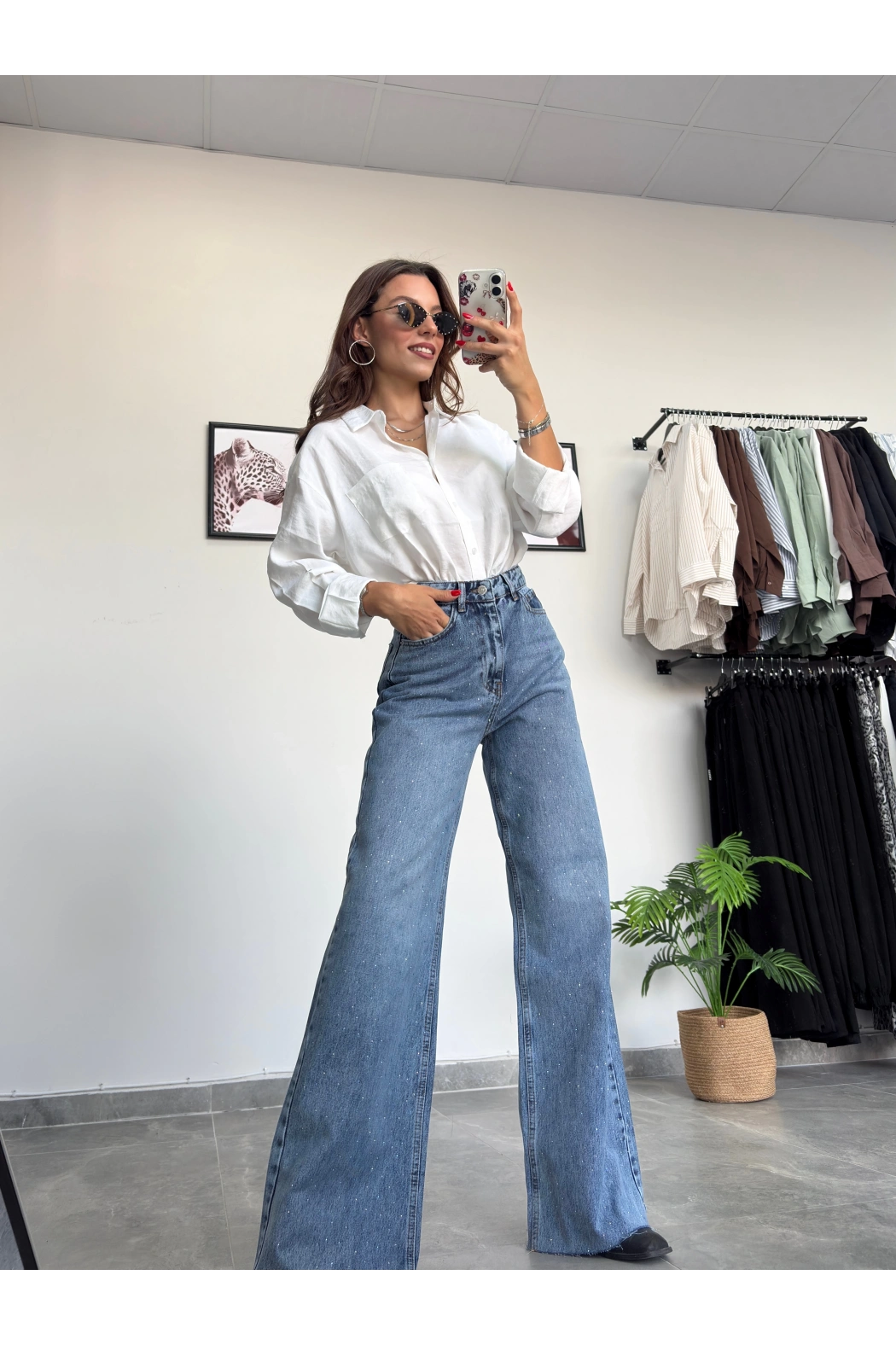 Taşlı Wide Leg Kot Pantolon