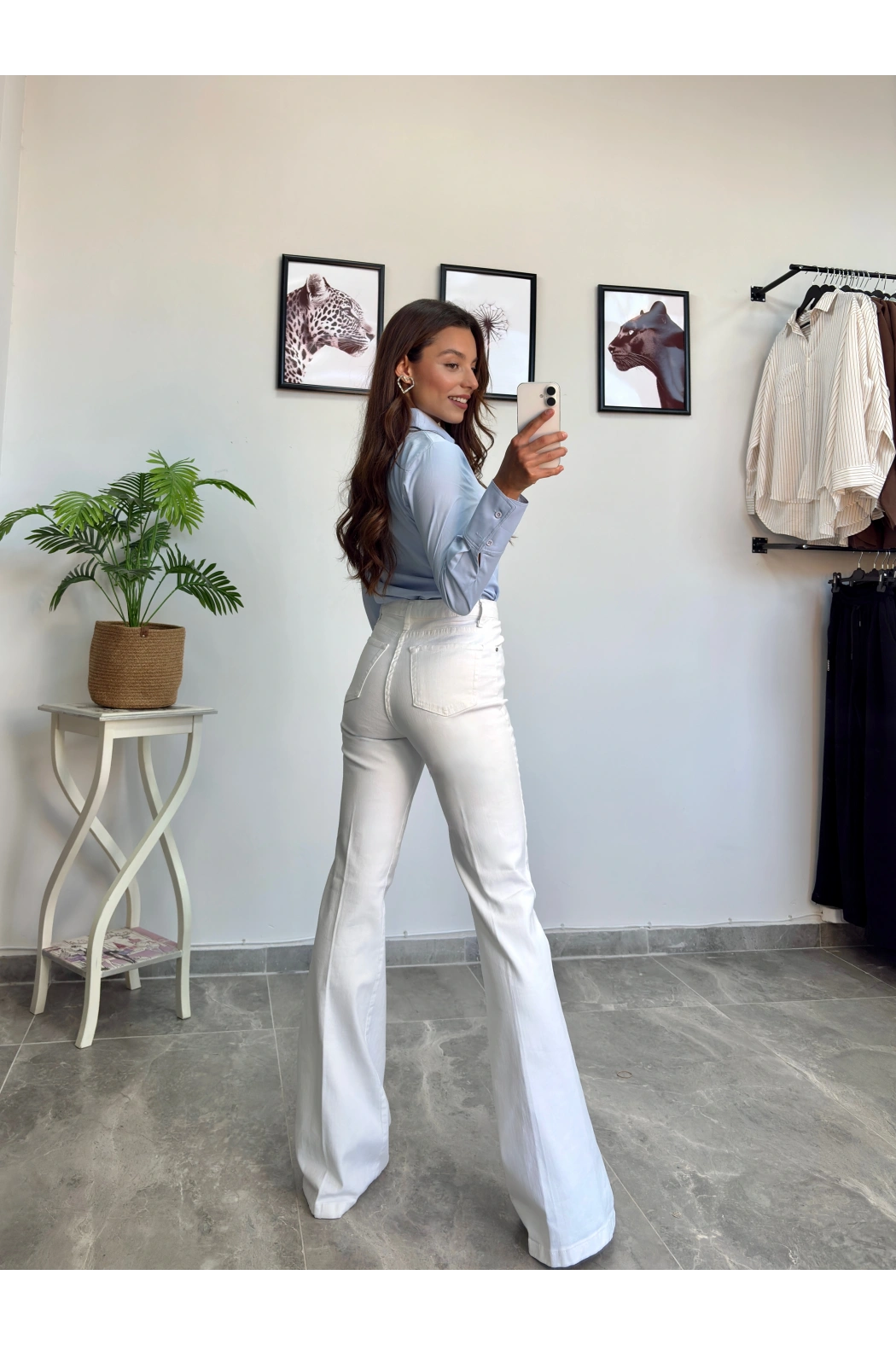 Beyaz İspanyol Paça Full Likra Pantolon