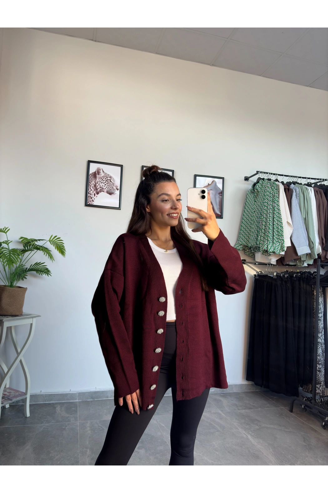 Bordo Taş Düğme Oversize Hırka