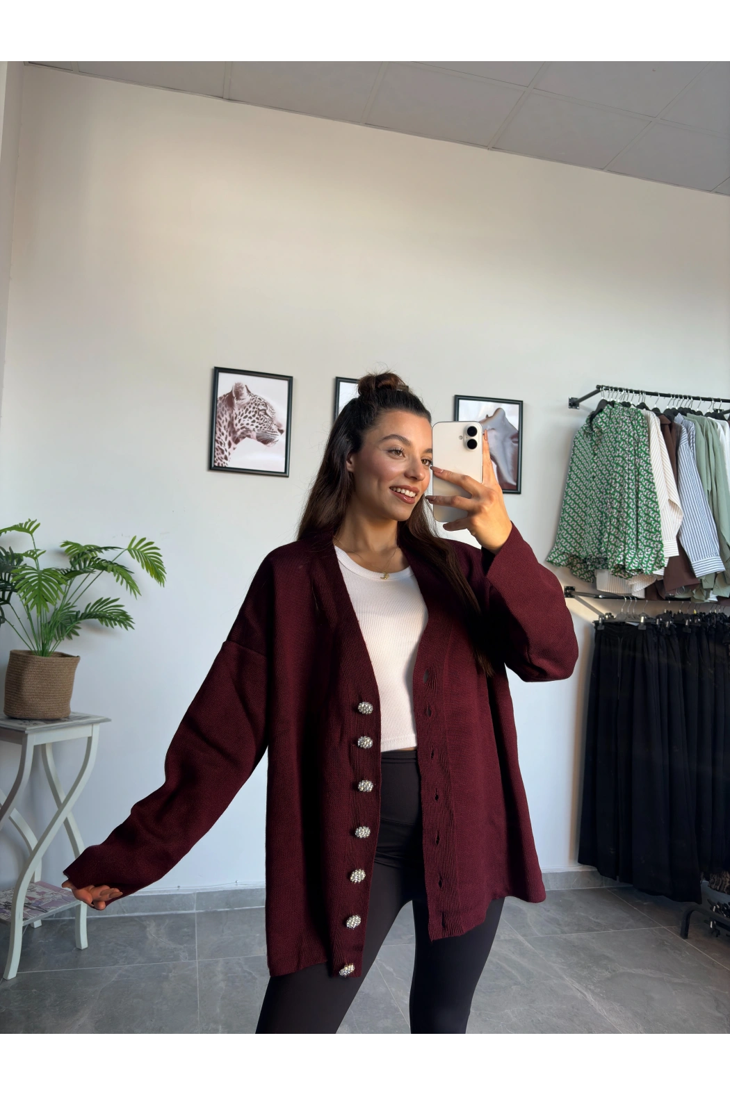 Bordo Taş Düğme Oversize Hırka