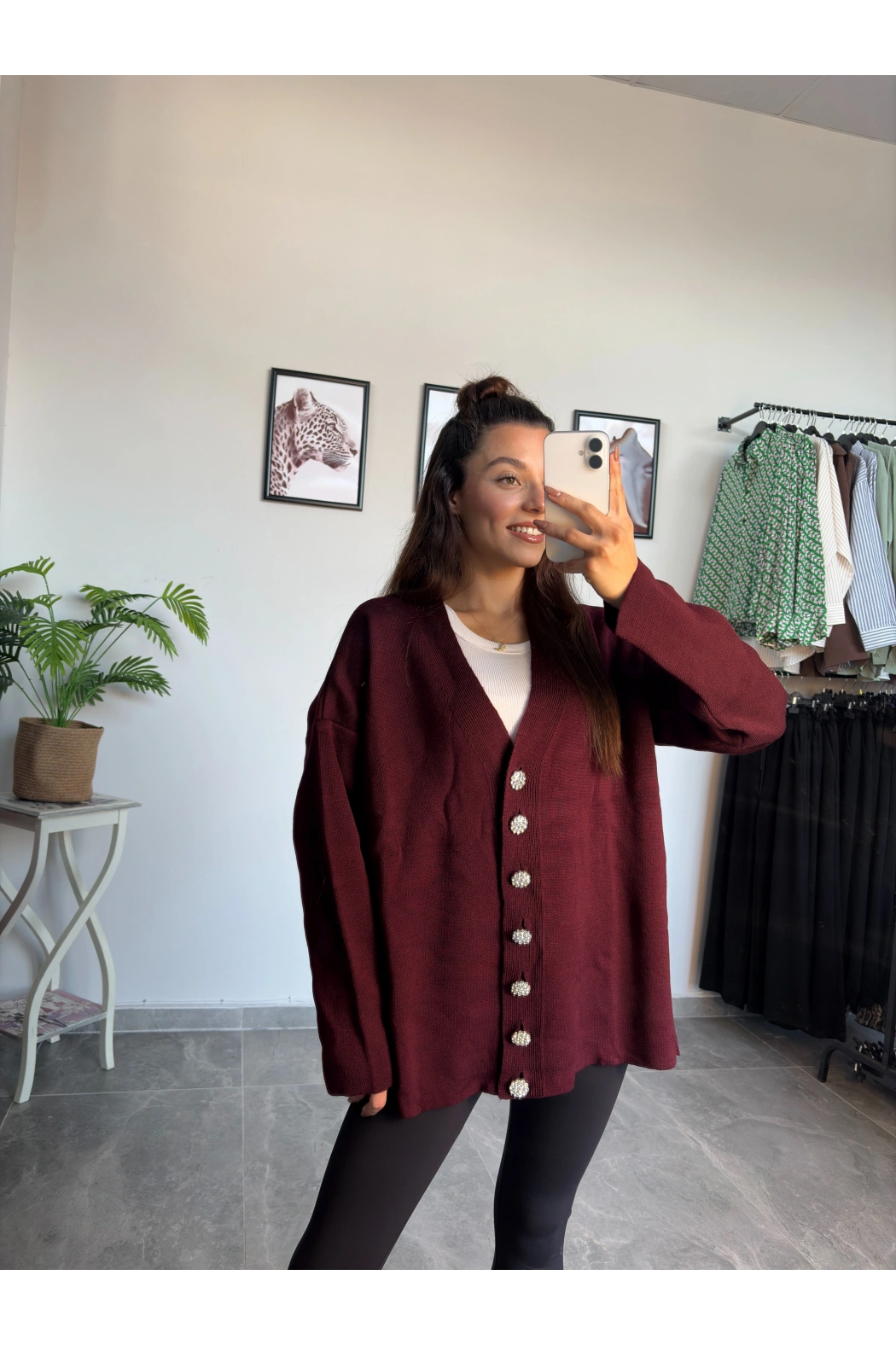 Bordo Taş Düğme Oversize Hırka