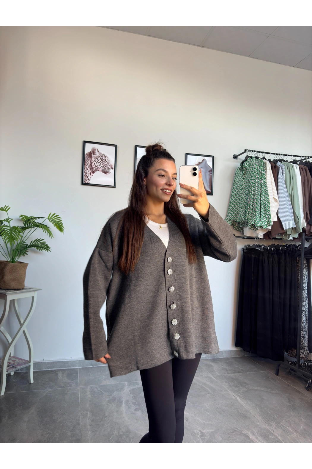 Antrasit Taş Düğme Oversize Hırka