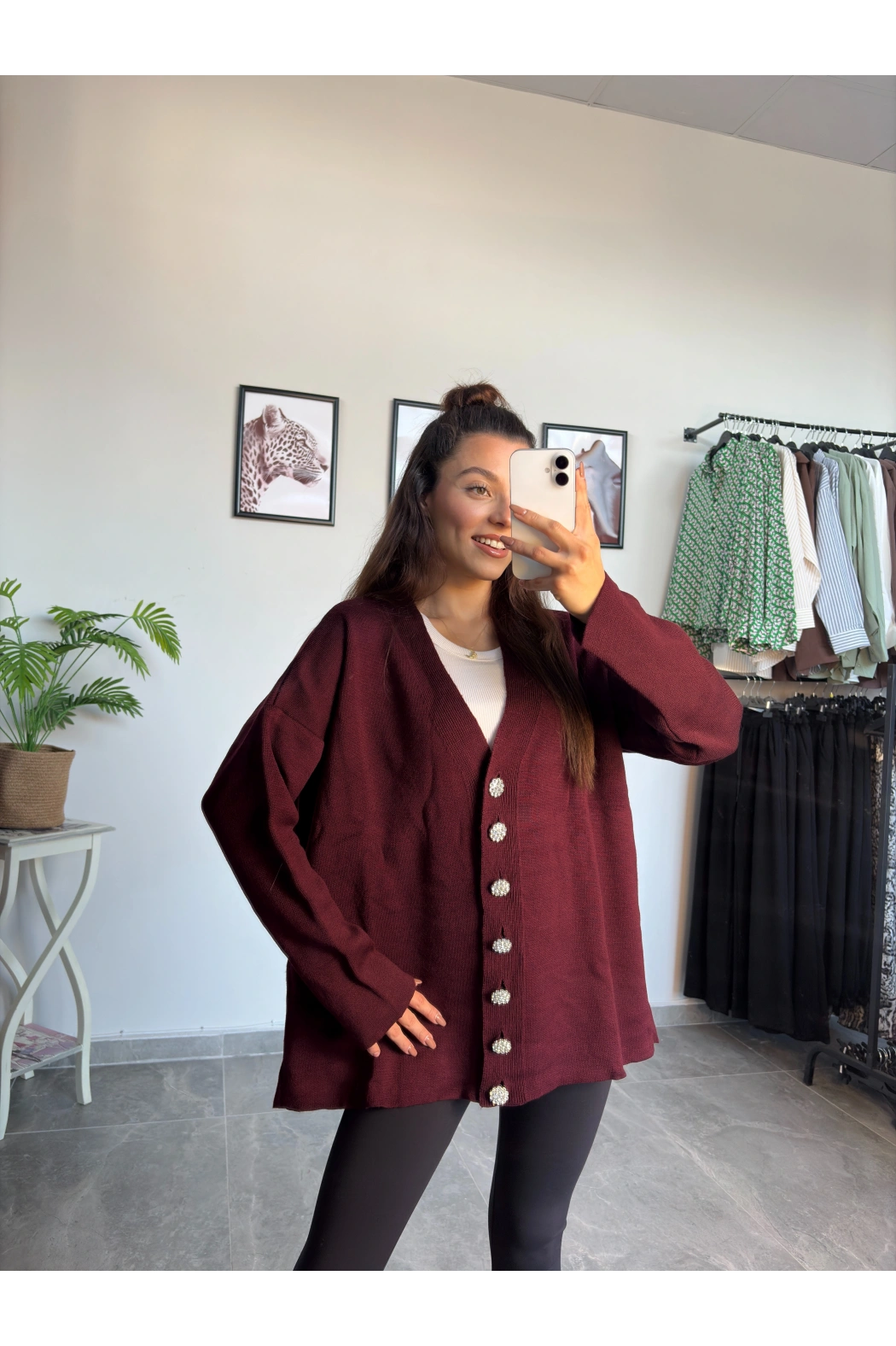 Bordo Taş Düğme Oversize Hırka