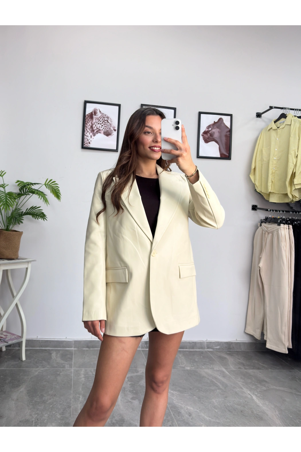 Krem Deri Blazer Ceket