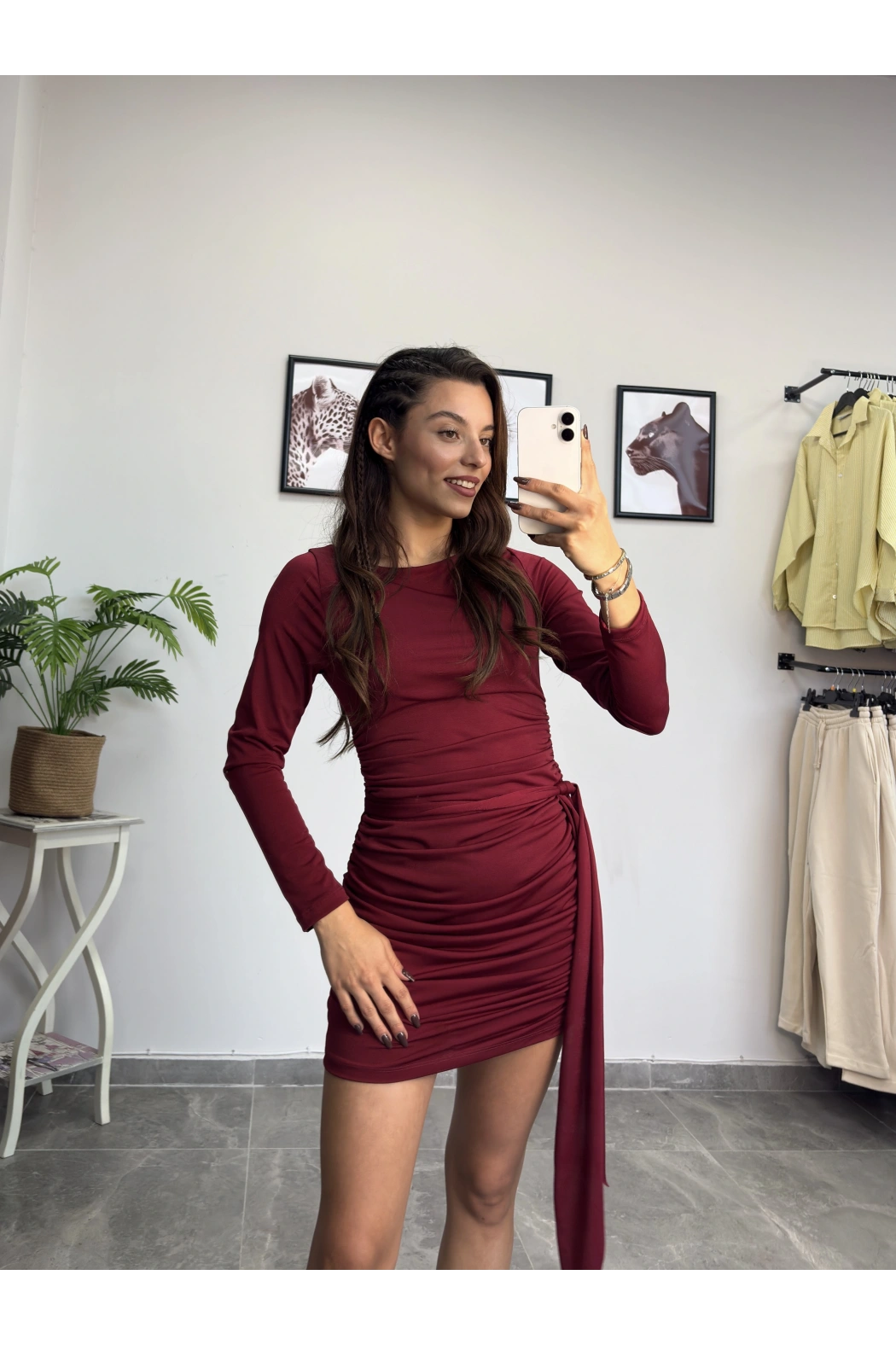 Bordo Uzun Kol Büzgülü Kuşaklı Mini Elbise