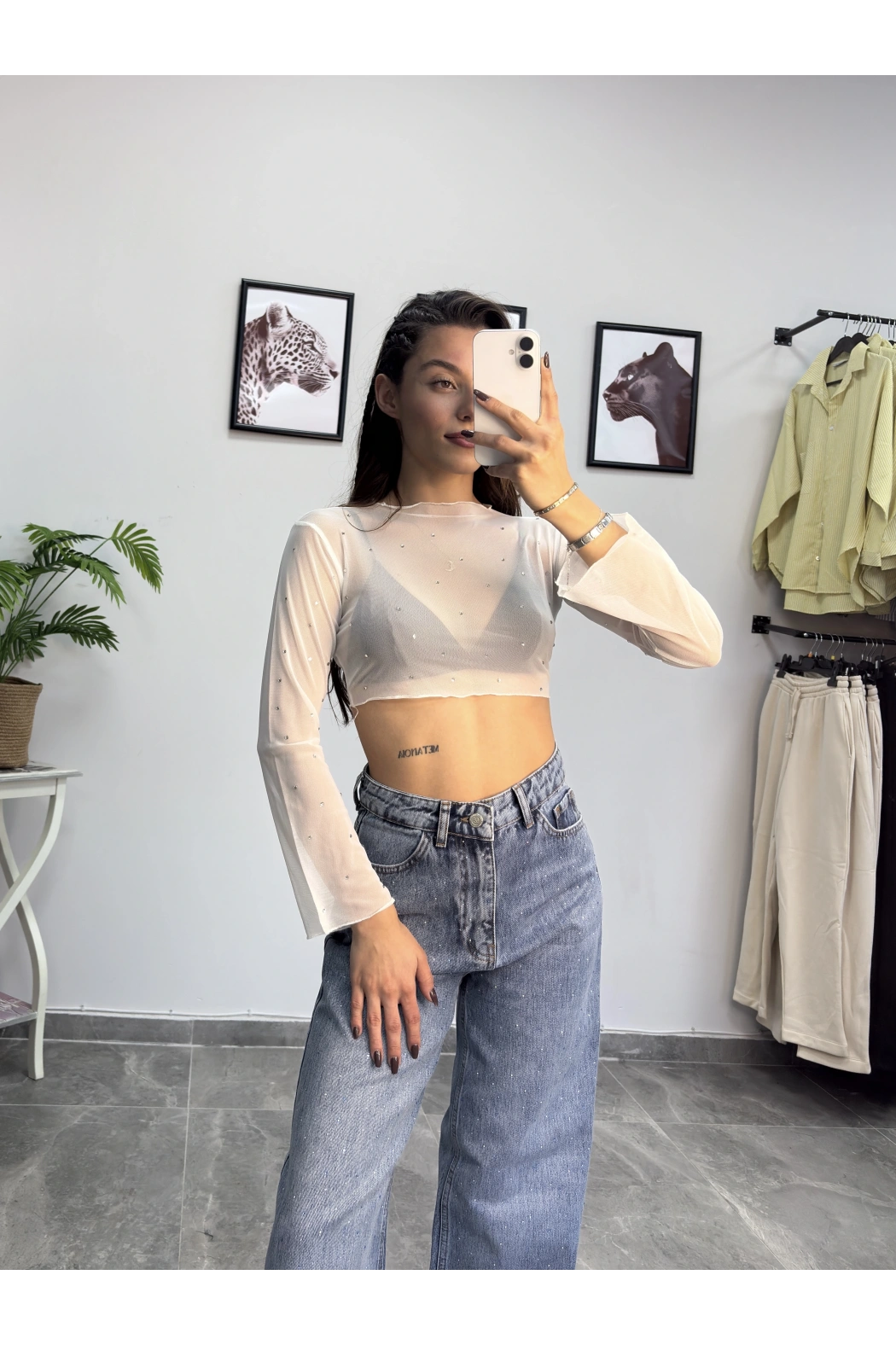 Taşlı İspanyol Kol Beyaz Tül