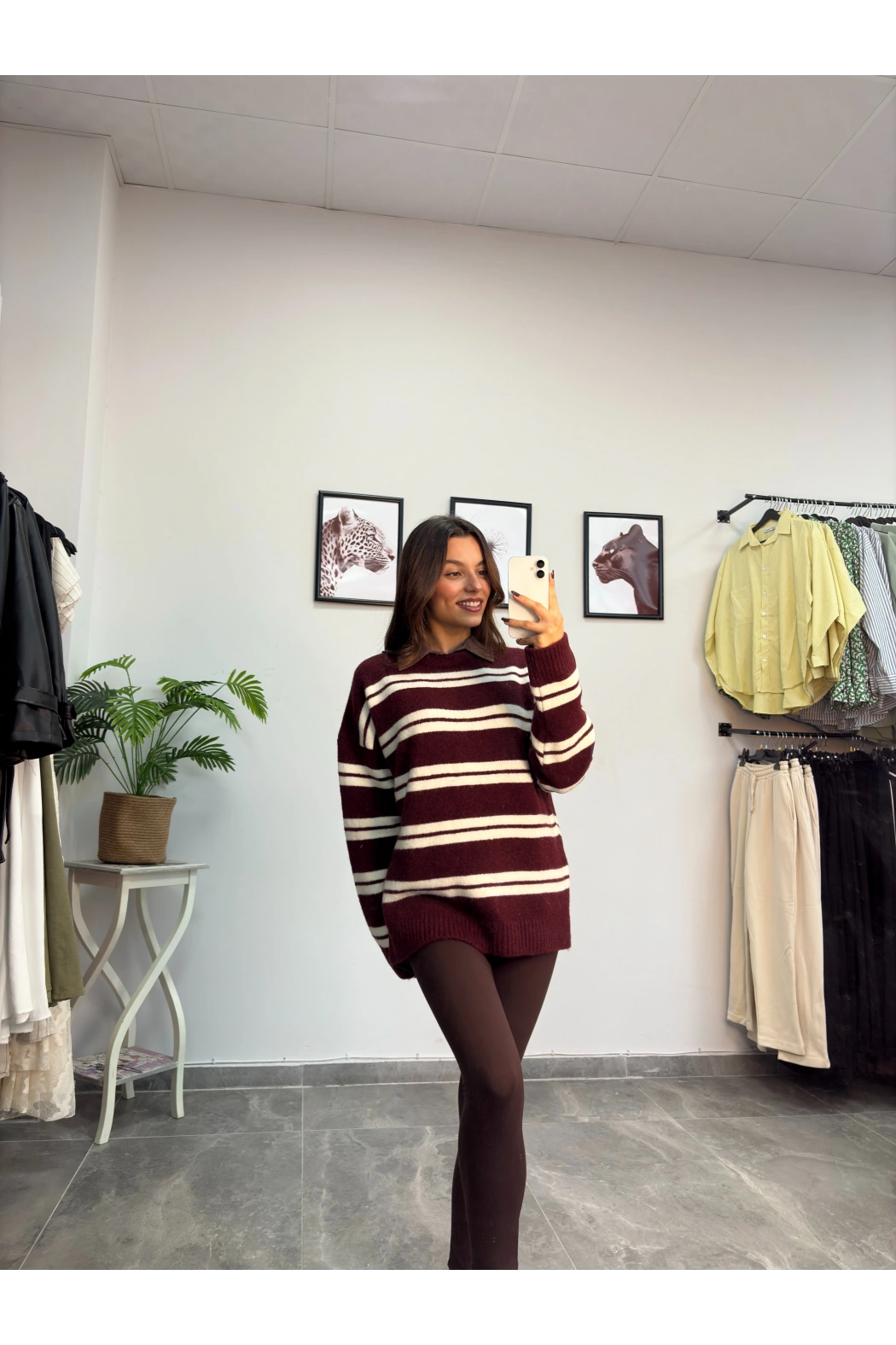 Beyaz Çizgili Bordo Kazak