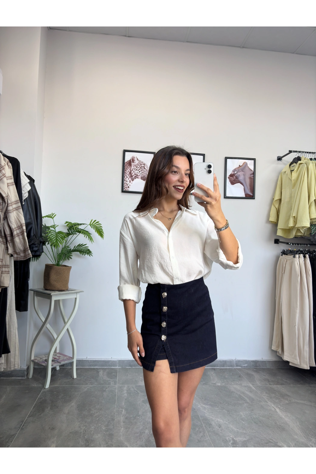 Yüksek Bel Düğme Detay Kot Şort Etek