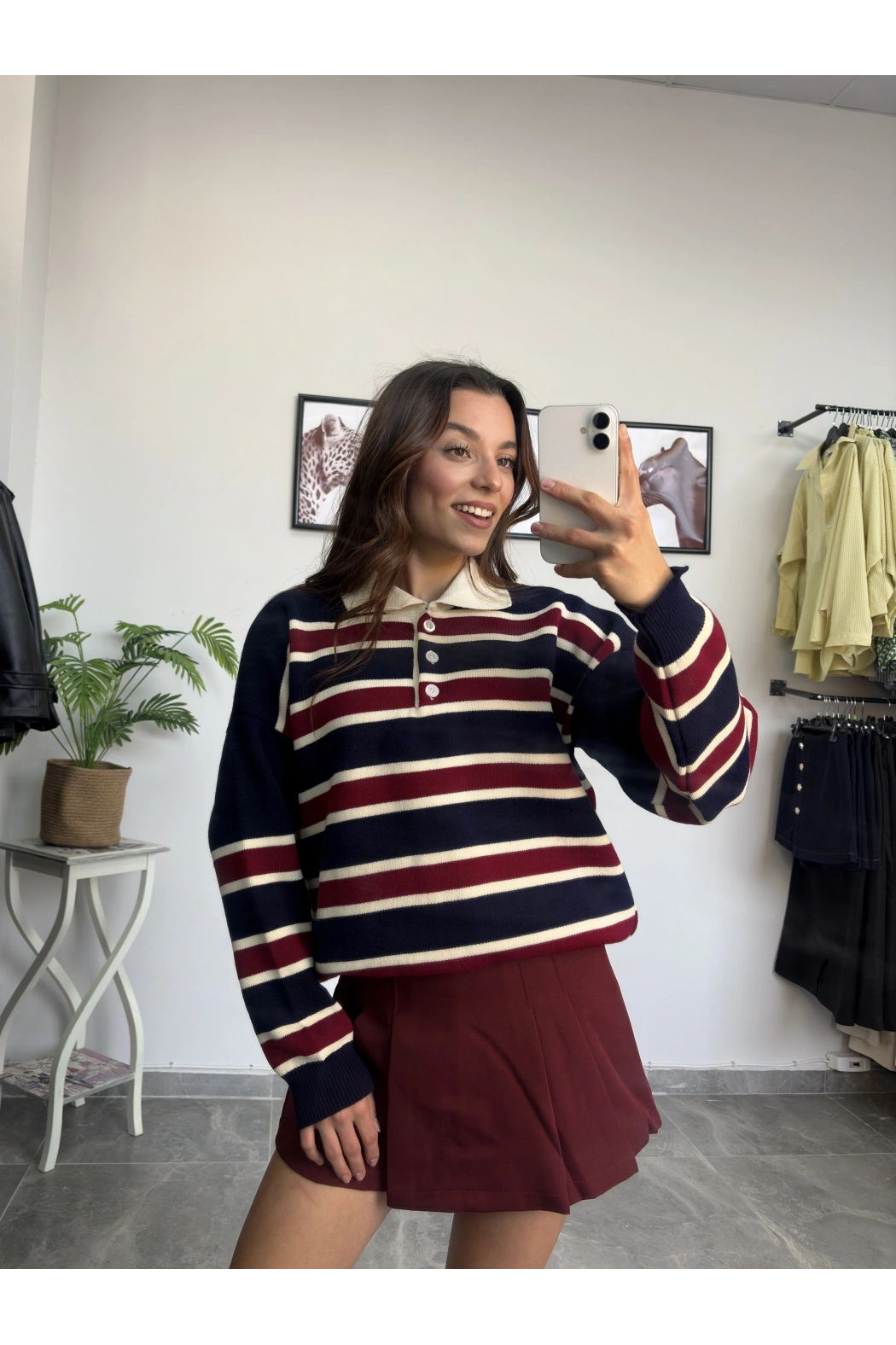 Polo Yaka Bordo Lacivert Çizgili Kazak