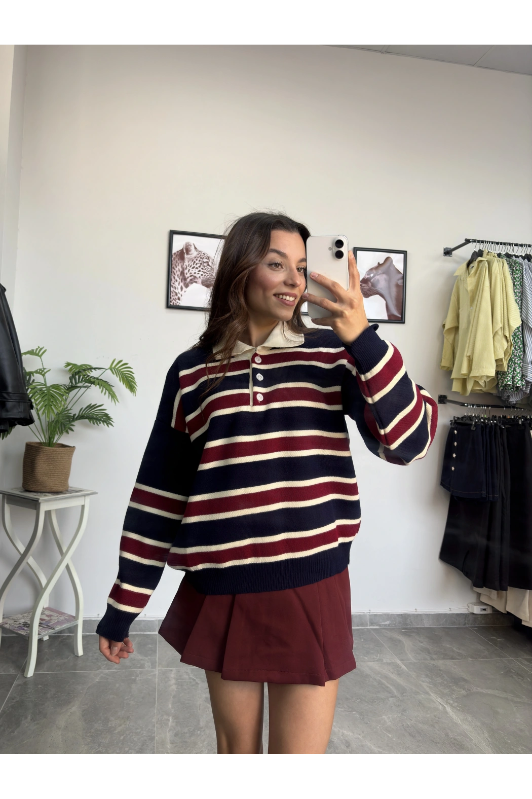 Polo Yaka Bordo Lacivert Çizgili Kazak