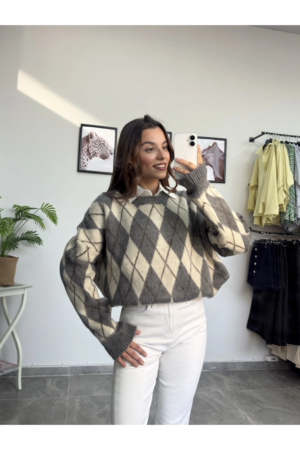 Baklava Desen Gri Kazak