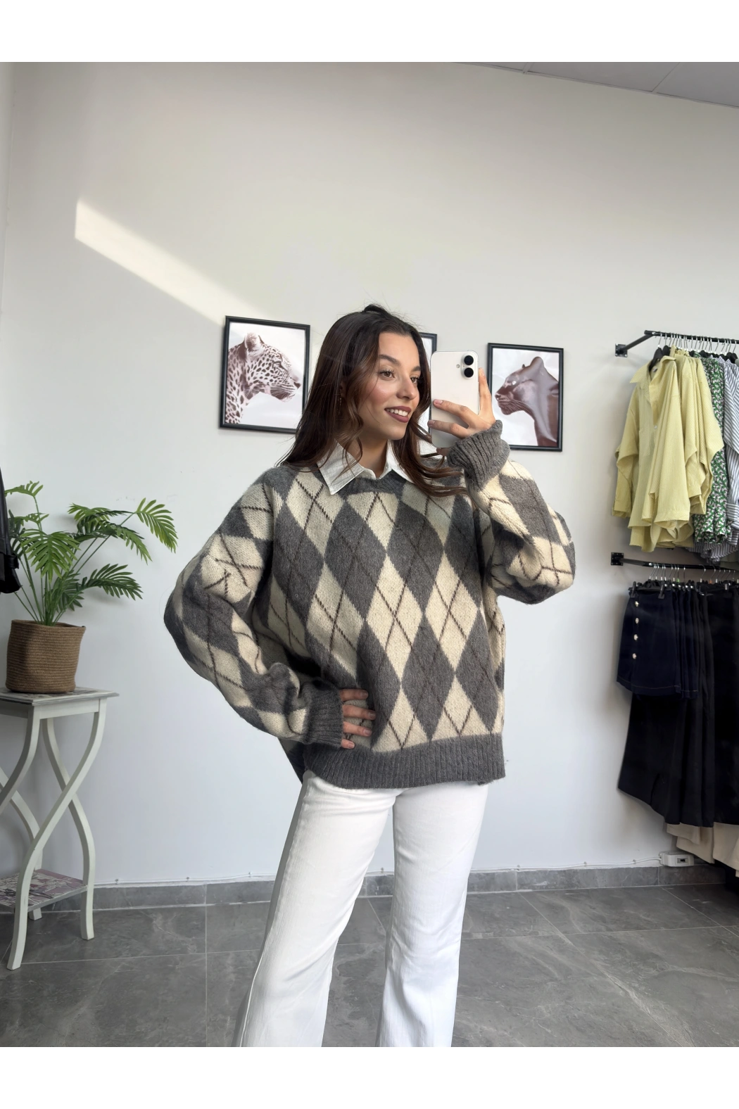 Baklava Desen Gri Kazak