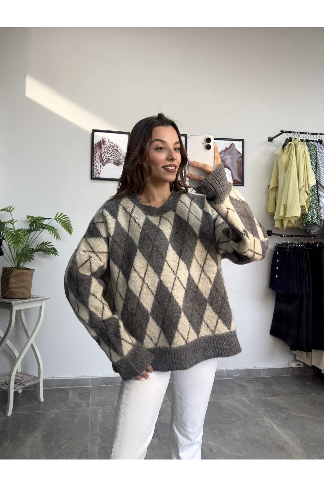 Baklava Desen Gri Kazak