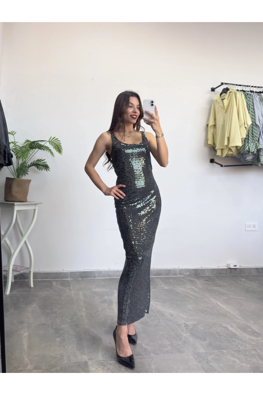 Askılı Payetli Uzun Elbise