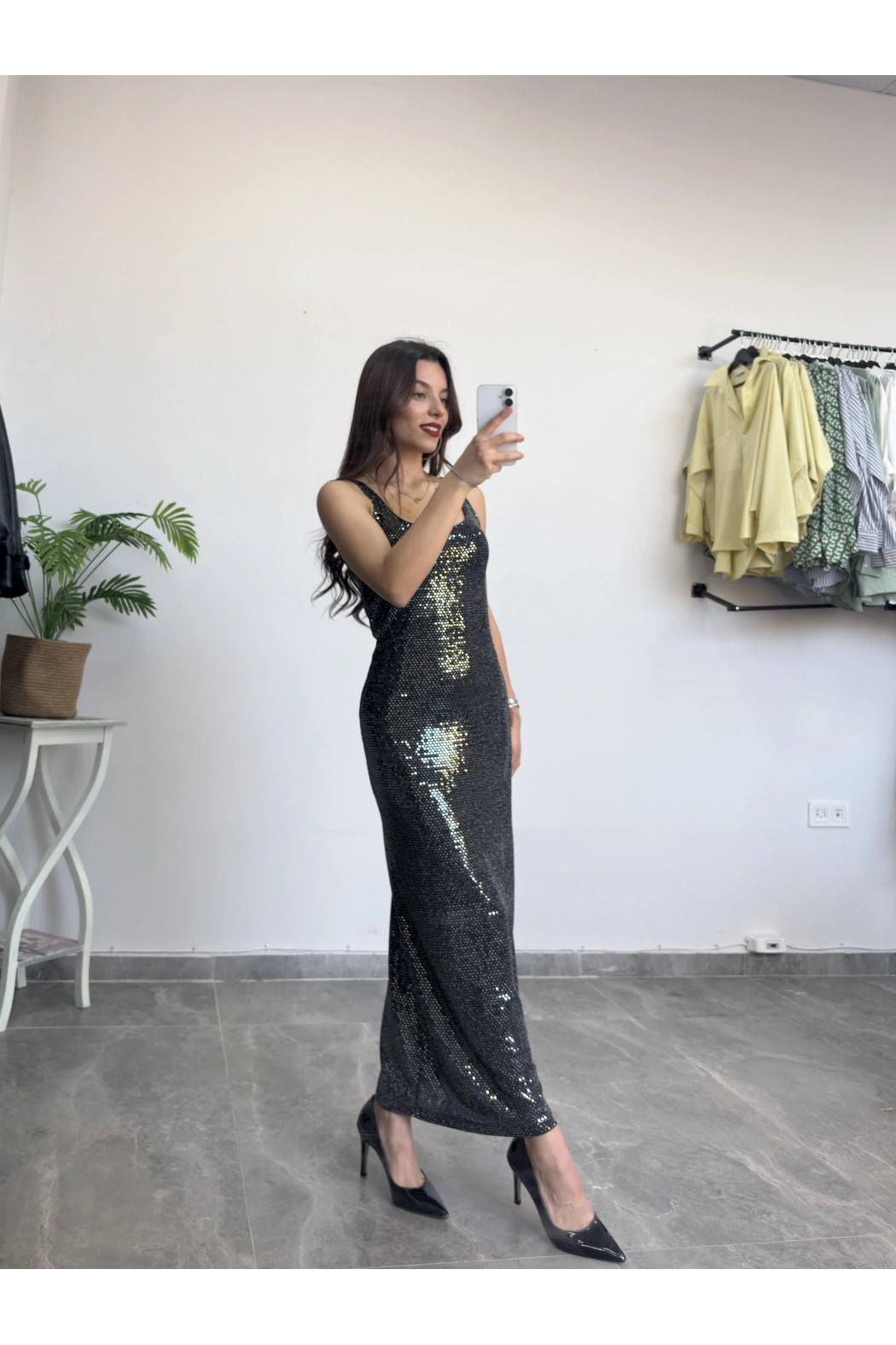 Askılı Payetli Uzun Elbise