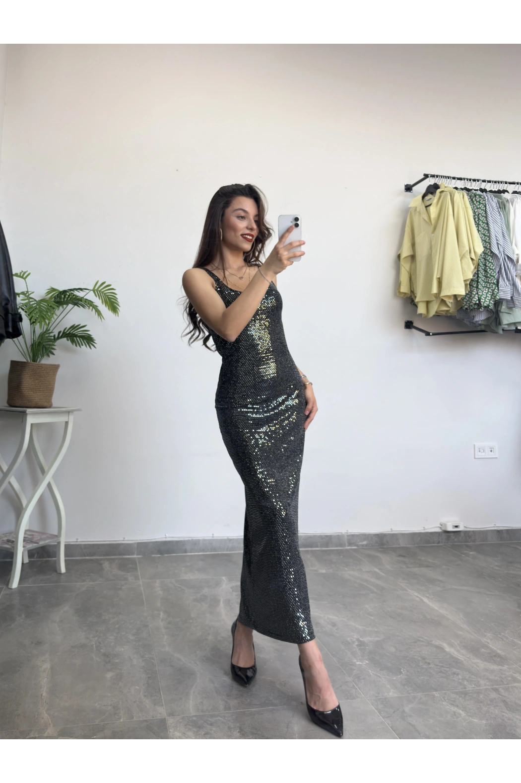 Askılı Payetli Uzun Elbise