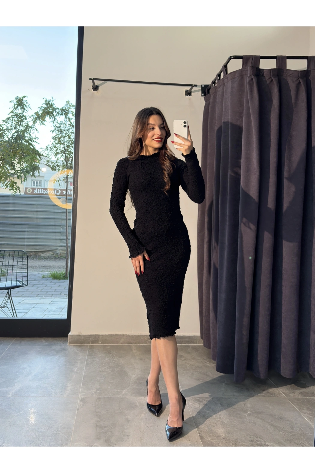 Kalın Bürümcük Siyah Uzun Elbise