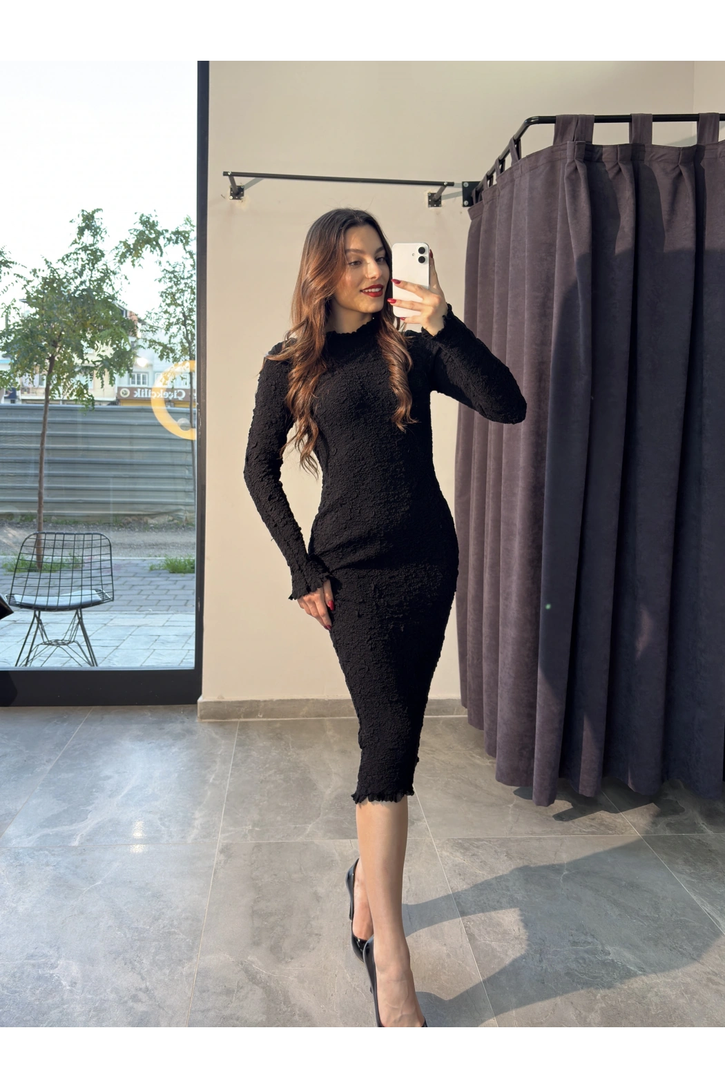 Kalın Bürümcük Siyah Uzun Elbise