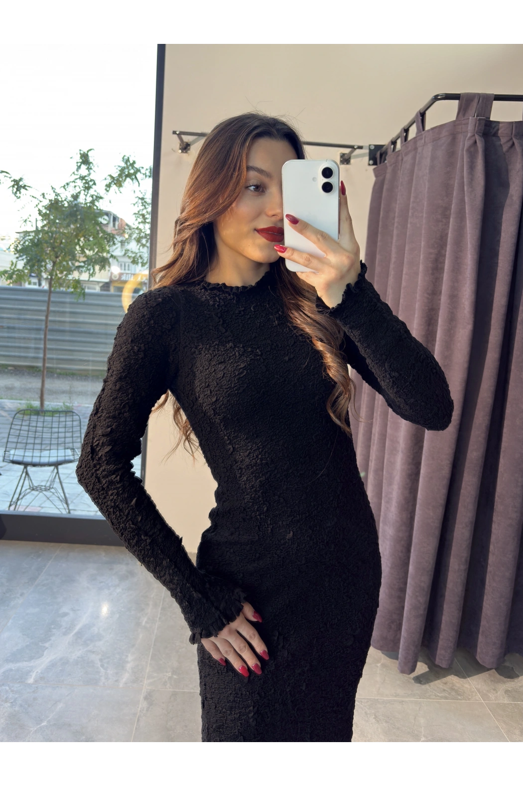 Kalın Bürümcük Siyah Uzun Elbise