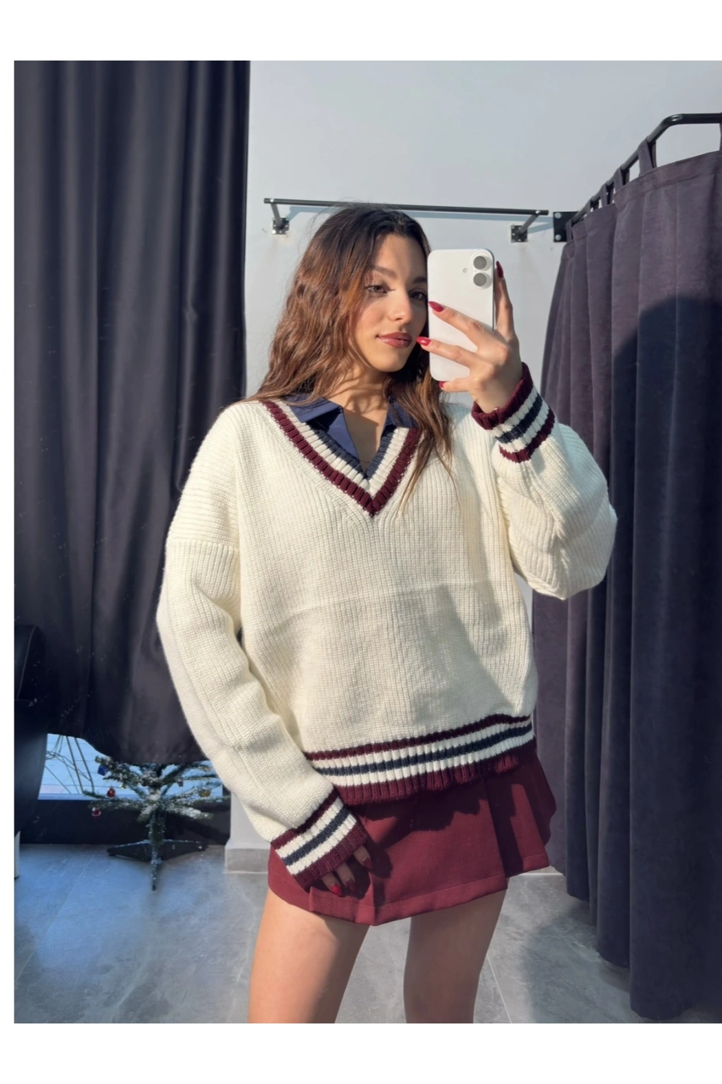 V Yaka Bordo Şeritli Kazak