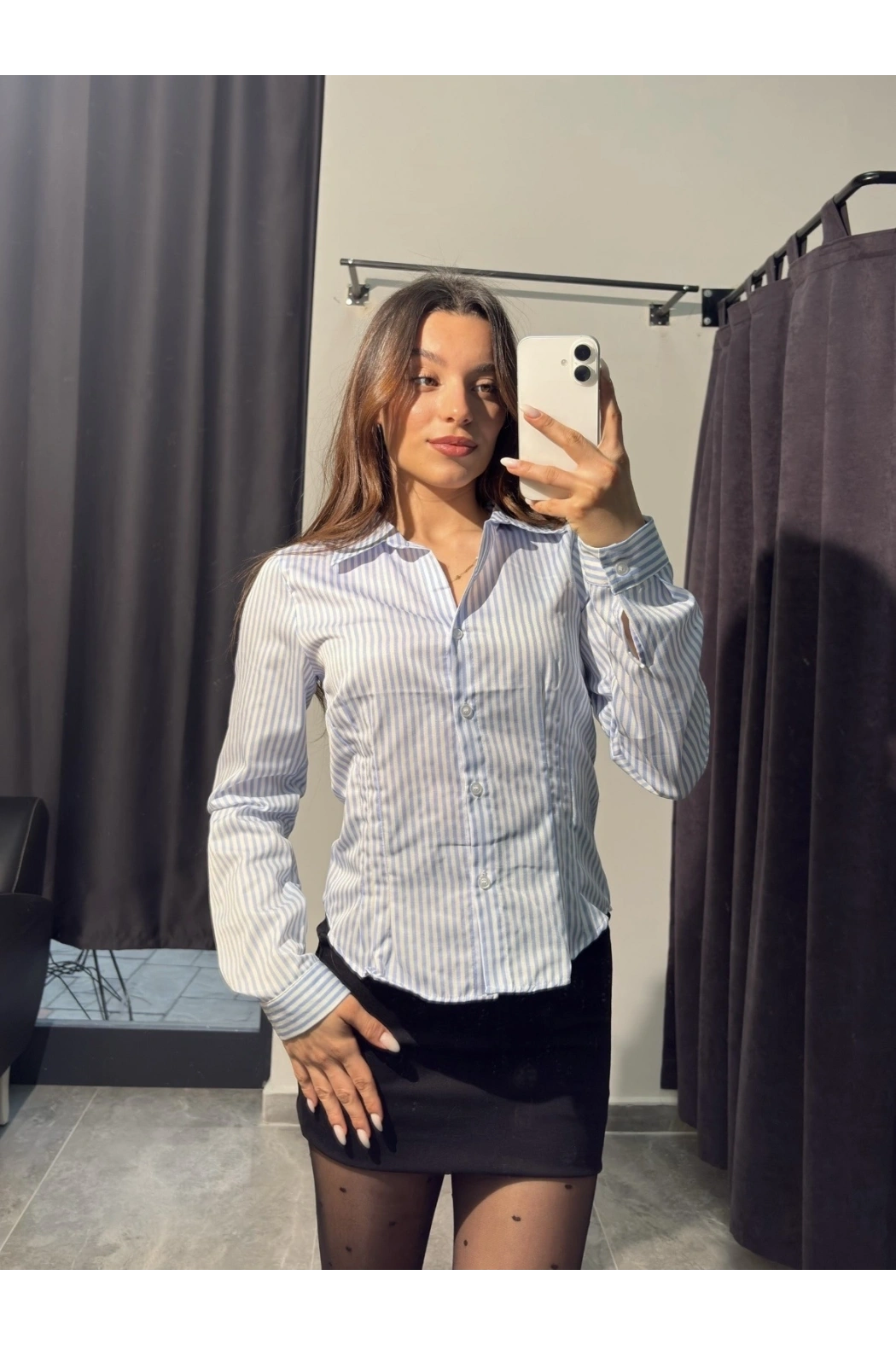 Mavi Çizgili Dar Kalıp Gömlek