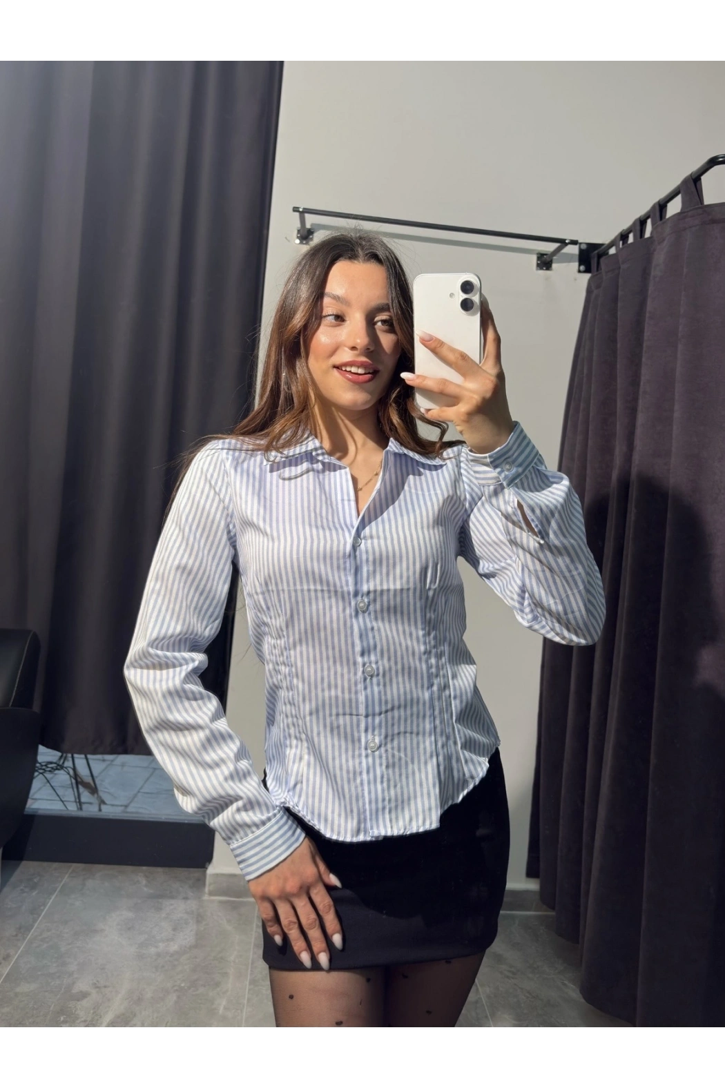 Mavi Çizgili Dar Kalıp Gömlek