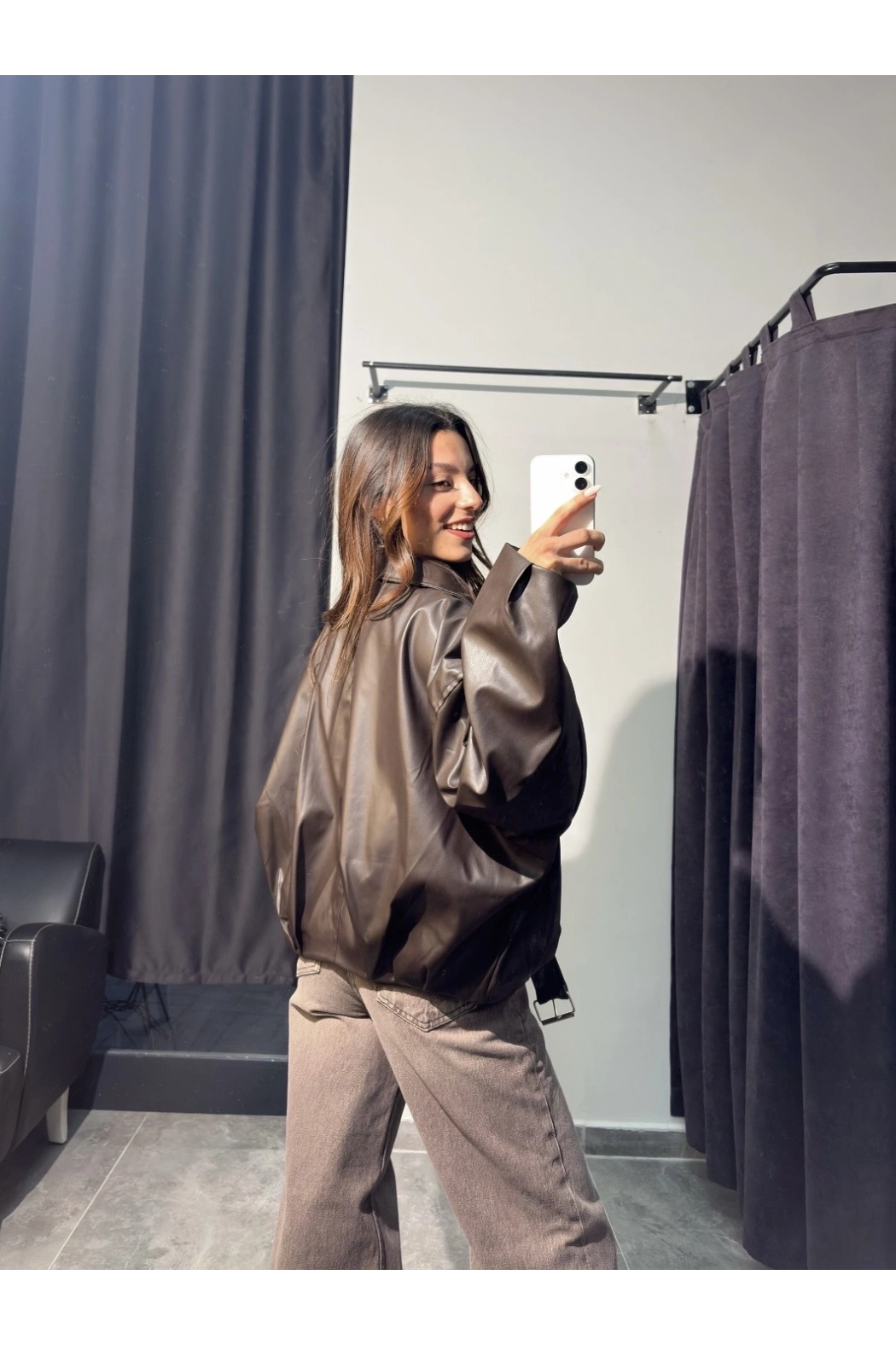 Kahverengi Deri Bomber Ceket