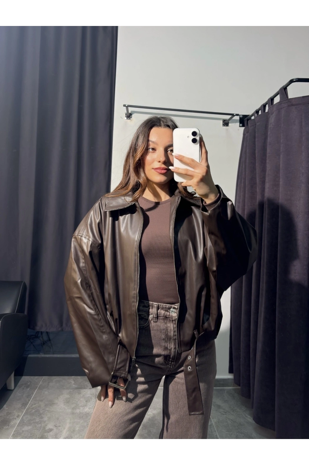 Kahverengi Deri Bomber Ceket