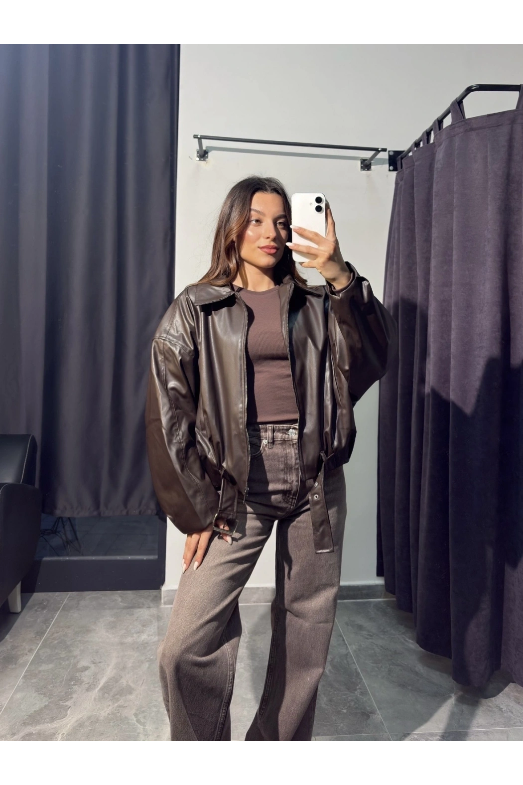 Kahverengi Deri Bomber Ceket