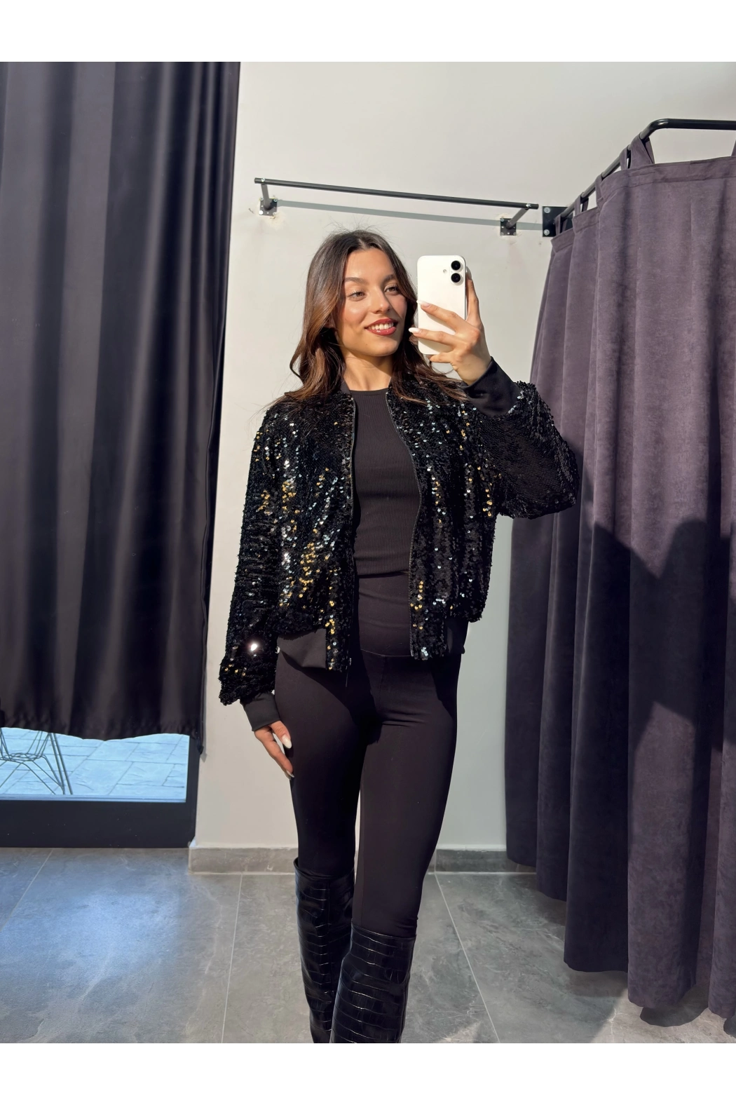 Fermuarlı Siyah Payet Ceket