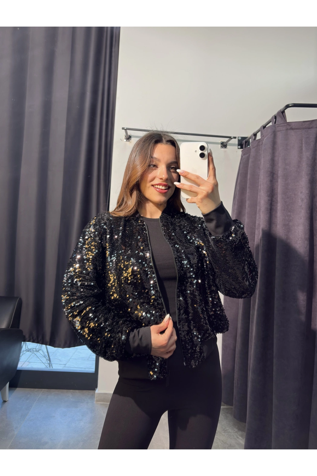 Fermuarlı Siyah Payet Ceket