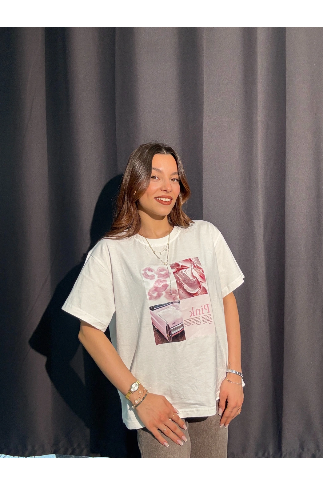 Pink Baskılı Beyaz Tişört