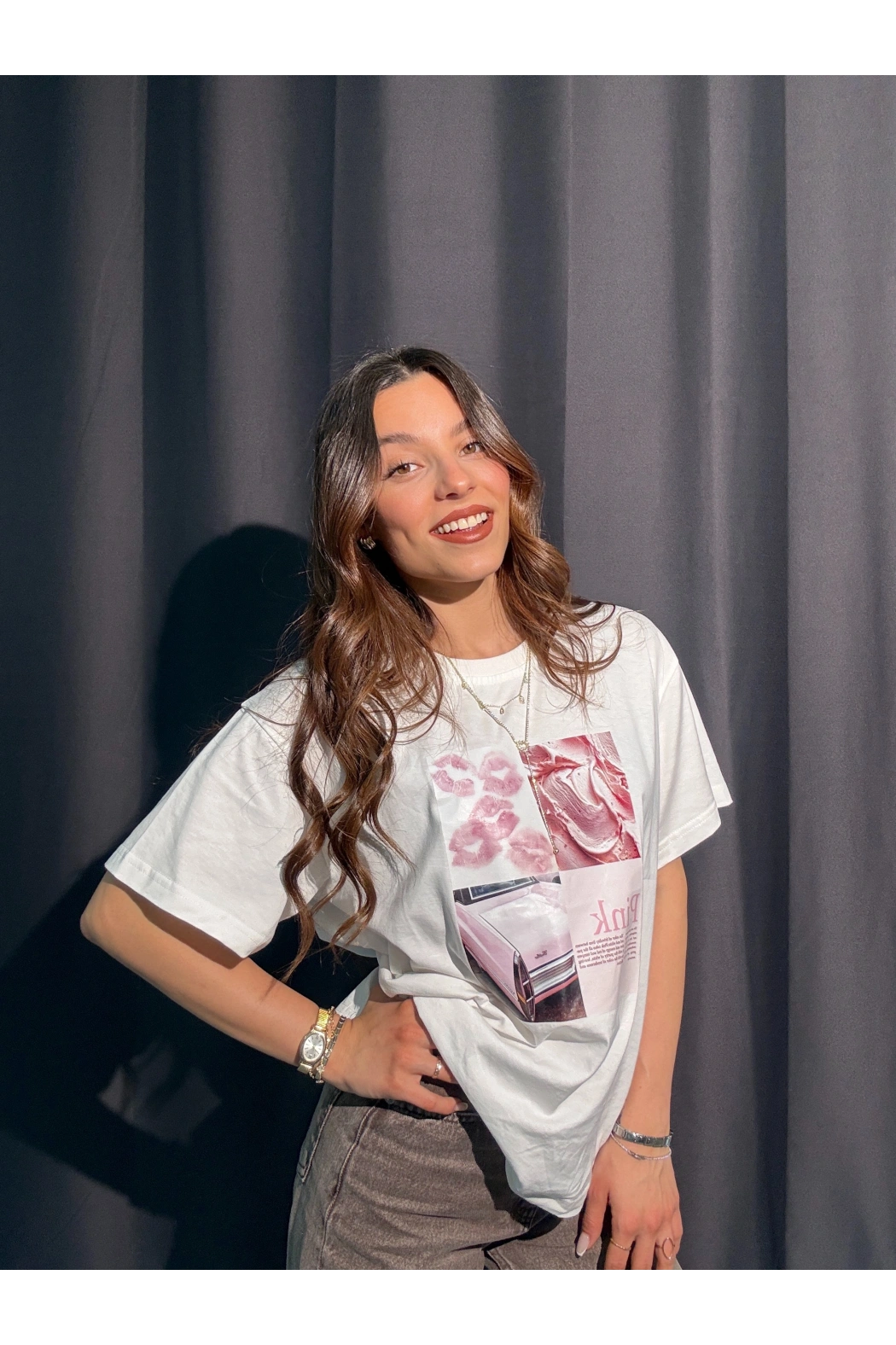 Pink Baskılı Beyaz Tişört